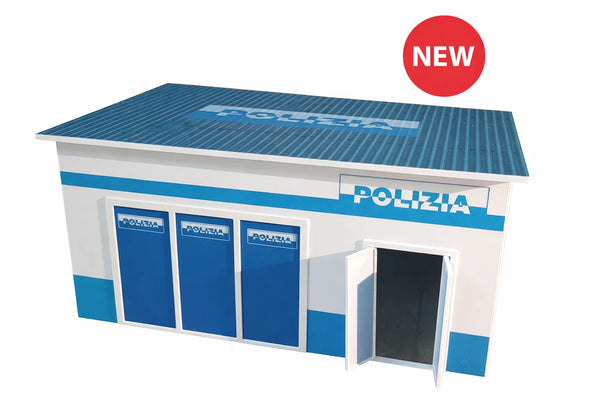 Model of a police station with 'Polizia' branding on a white background