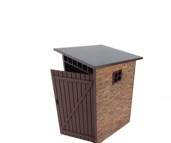 Wooden trash bin with a brown door on a white background