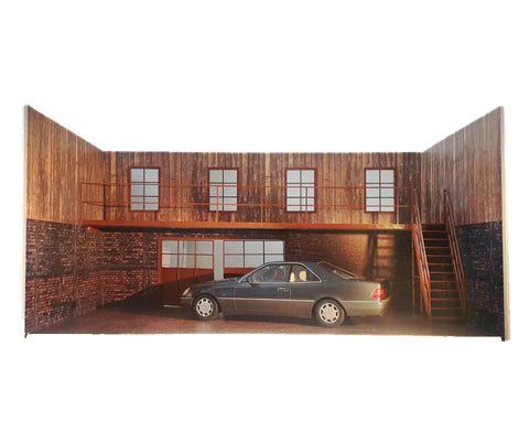 Two-Story Garage 1:18 Scale – Wood and Brick Diorama Kit for Car Display 1/18
