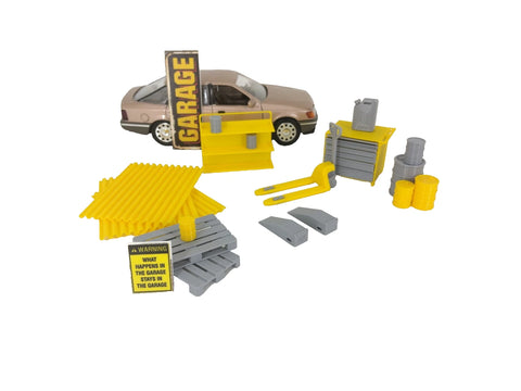 Toy garage set with car, shelves, and tools on a white background