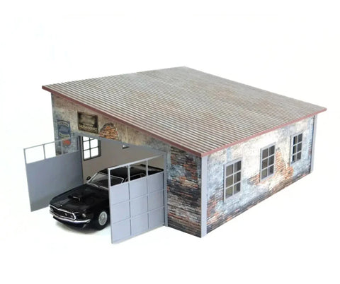 Model of a rustic-style garage with a car inside on a white background