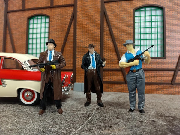 Three figures in a retro setting with a vintage car and brick building.