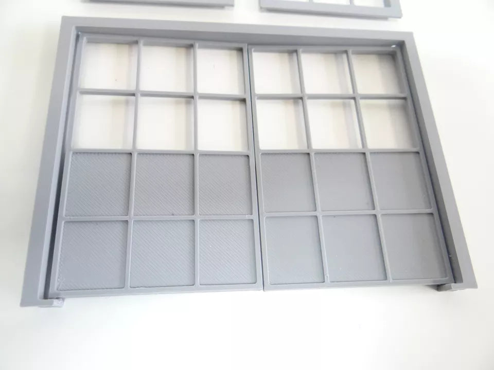 Detailed plastic windows for 1:24 scale diorama scene decoration.