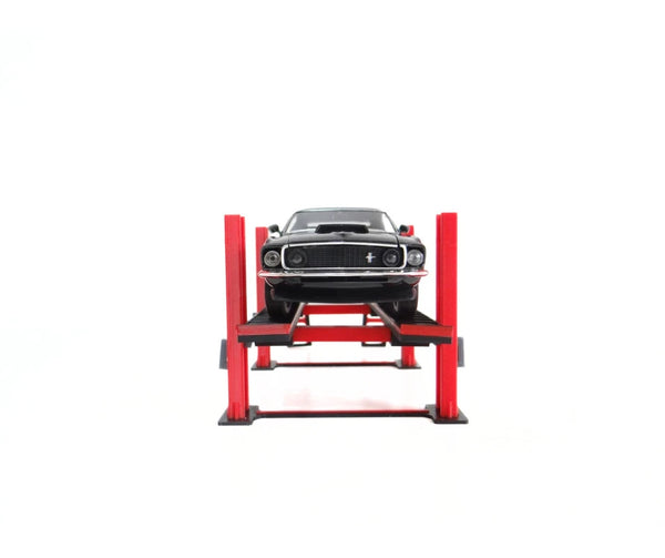 Miniature car on 1:24 scale lifter in garage scene
