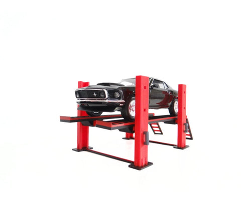 1:24 scale car lifter with red lift posts on garage diorama