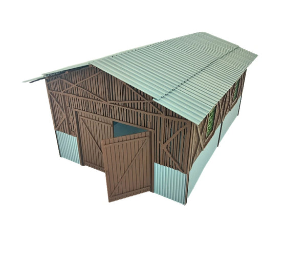 Metal storage shed with brown wooden doors on a white background