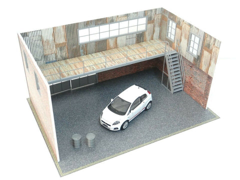 Front view of 1:24 scale two-floor diorama garage kit
